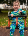 Premium Dinosaur Print Organic Cotton Joggers for Kids, Stylish and Sustainable Playwear in Green Blue Gray by Toby Tiger at brixbailey.com