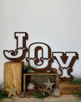Christmas Mantle Fireplace Decoration JOY In Rustic Rusted Carnival Letters 12 Inches Tall.
