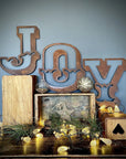 Christmas Mantle Fireplace Decoration JOY In Rustic Rusted Carnival Letters 12 Inches Tall.
