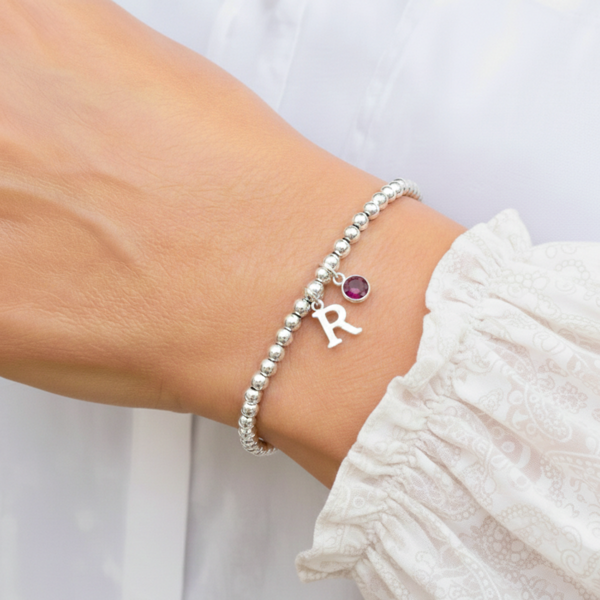 July Birthstone &amp; Initial Letter Charm Bracelet