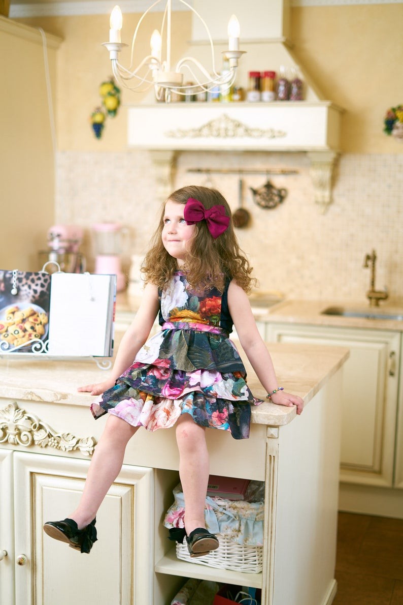 Kids Apron in Black Floral Cotton