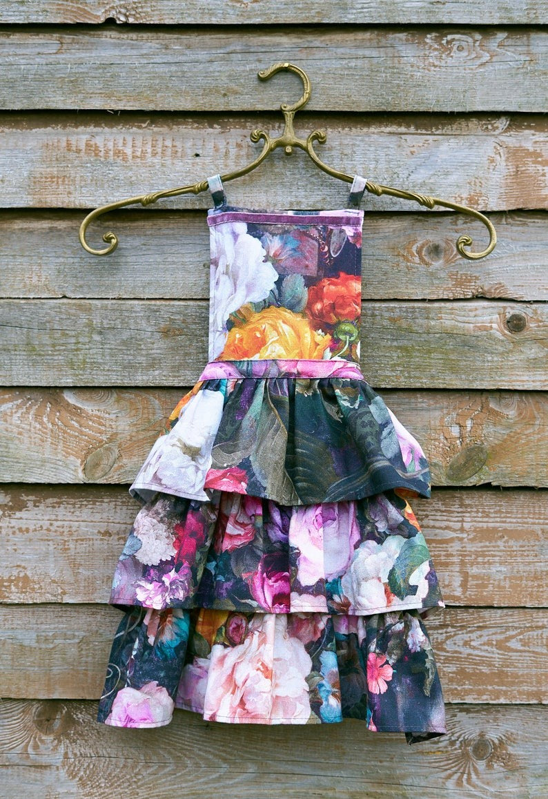 Kids Apron in Black Floral Cotton