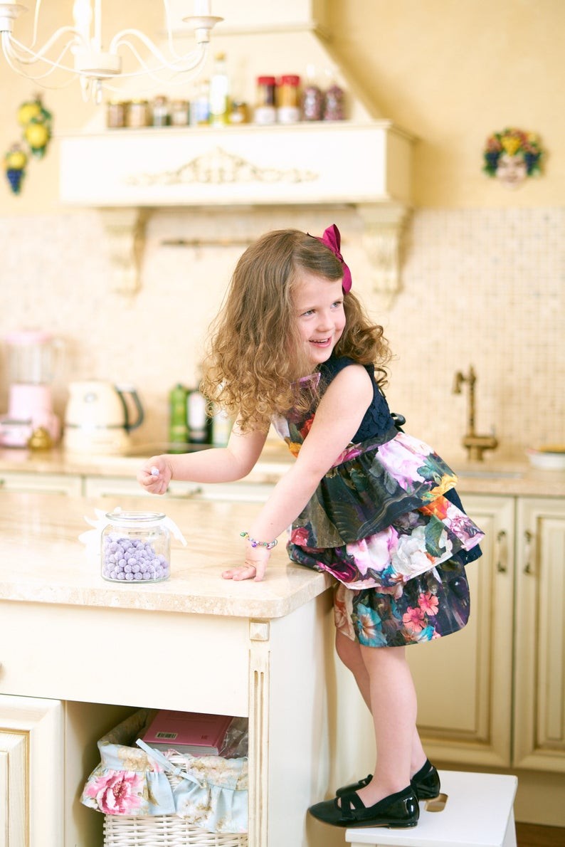 Kids Apron in Black Floral Cotton