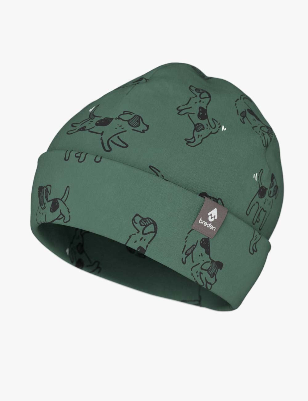 Kids Green Beanie Hat with Dog Print