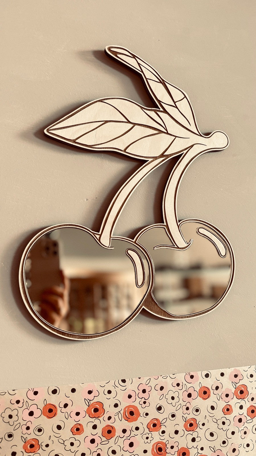 Kids Cherry Mirror With Gold Acrylic And Wooden Frame