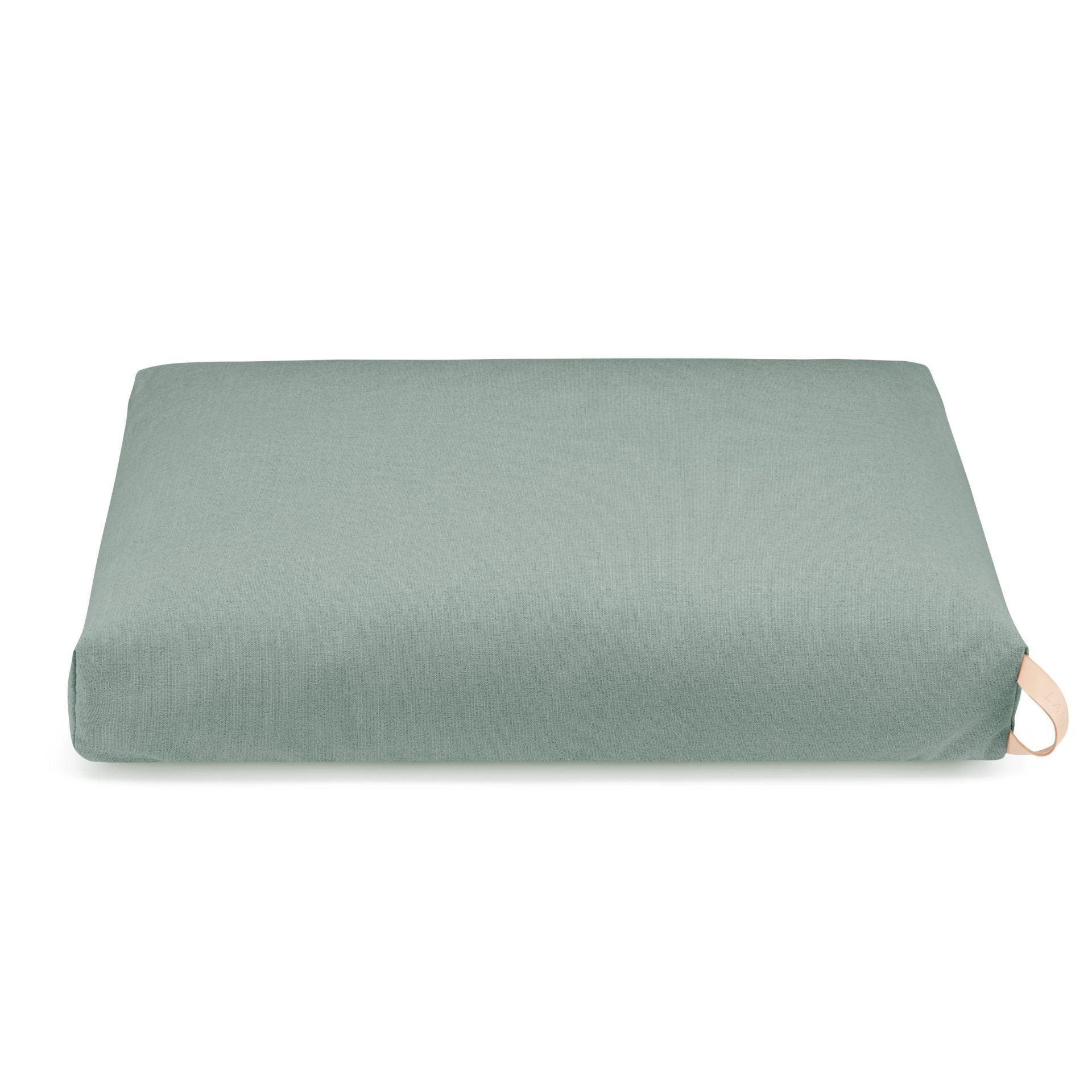 bold kiima dog cushion in soft teal with a natural leather handle on a dark background