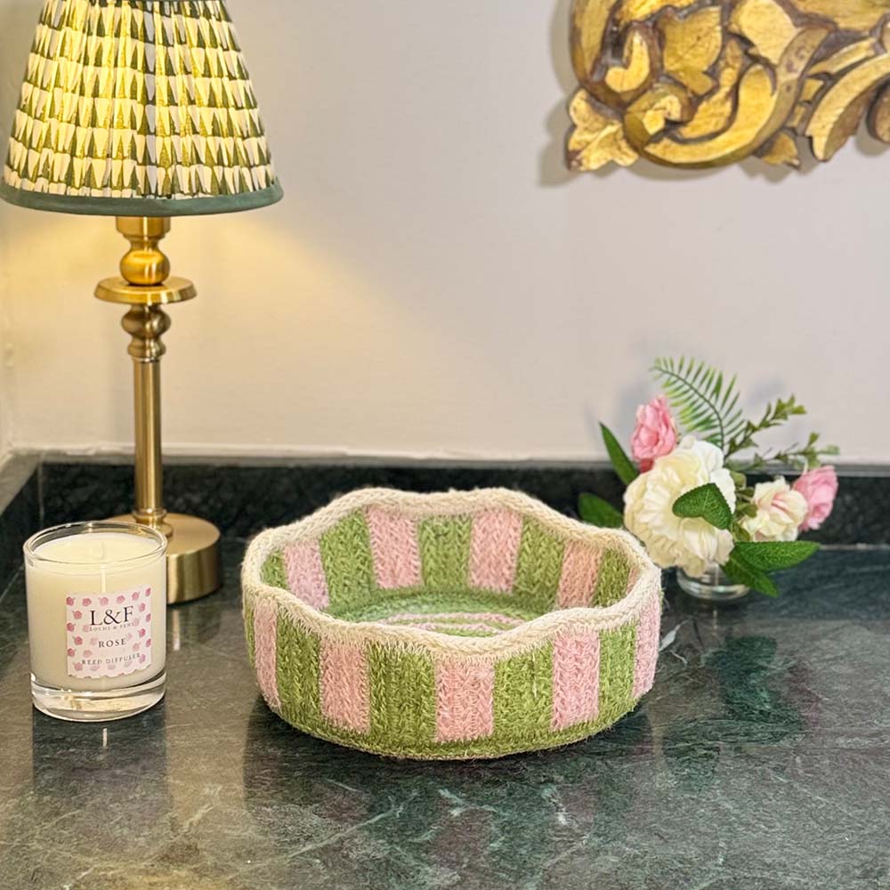 Stripy Scalloped Small Basket - Kiwi