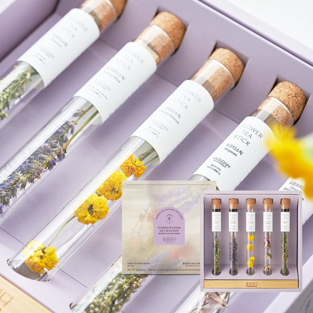 Assorted Flower Teastick Gift Set &amp; Wood Tray
