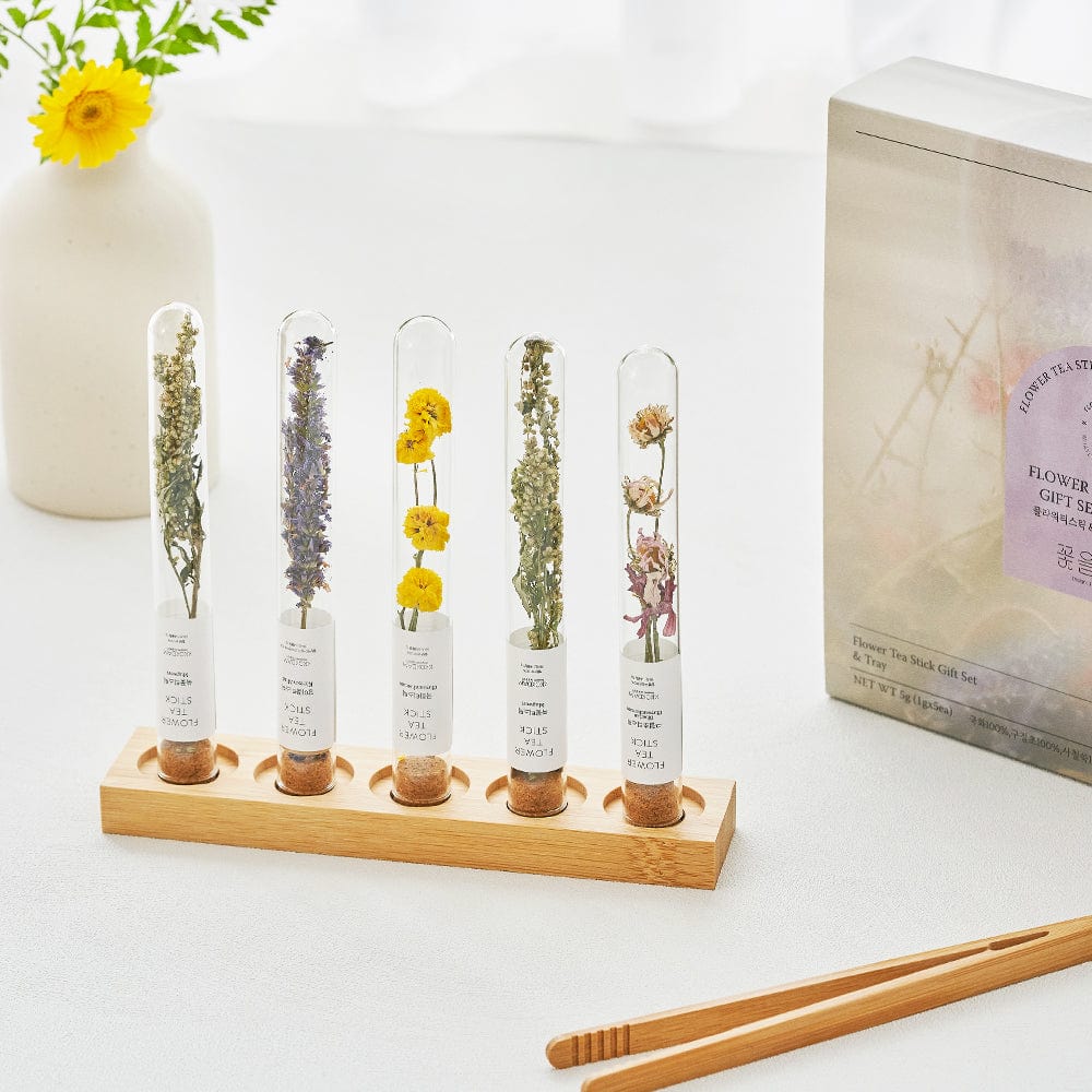 Assorted Flower Teastick Gift Set &amp; Wood Tray