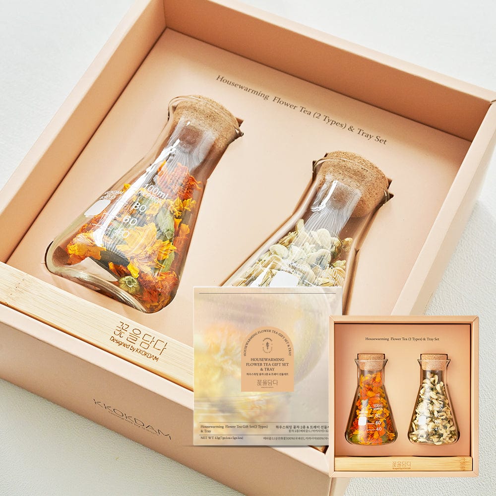 House Warming Flower Tea &amp; Wood Tray Set