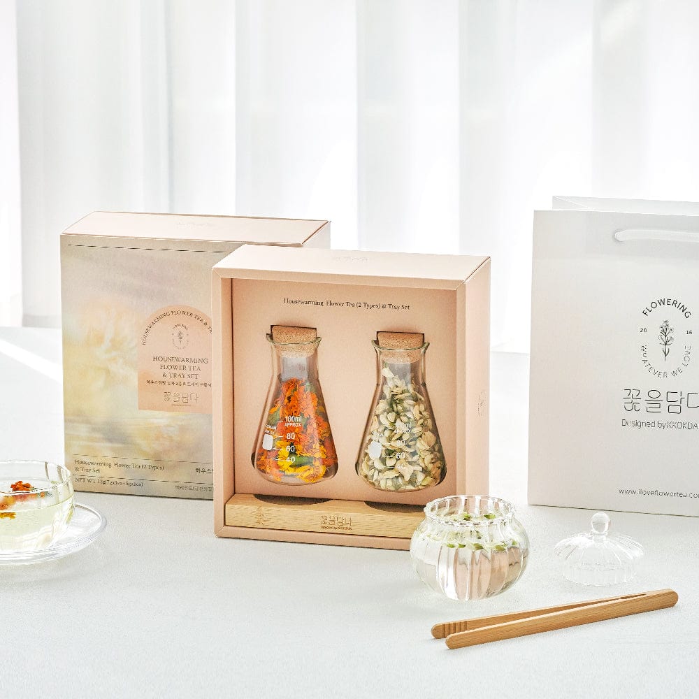 House Warming Flower Tea &amp; Wood Tray Set