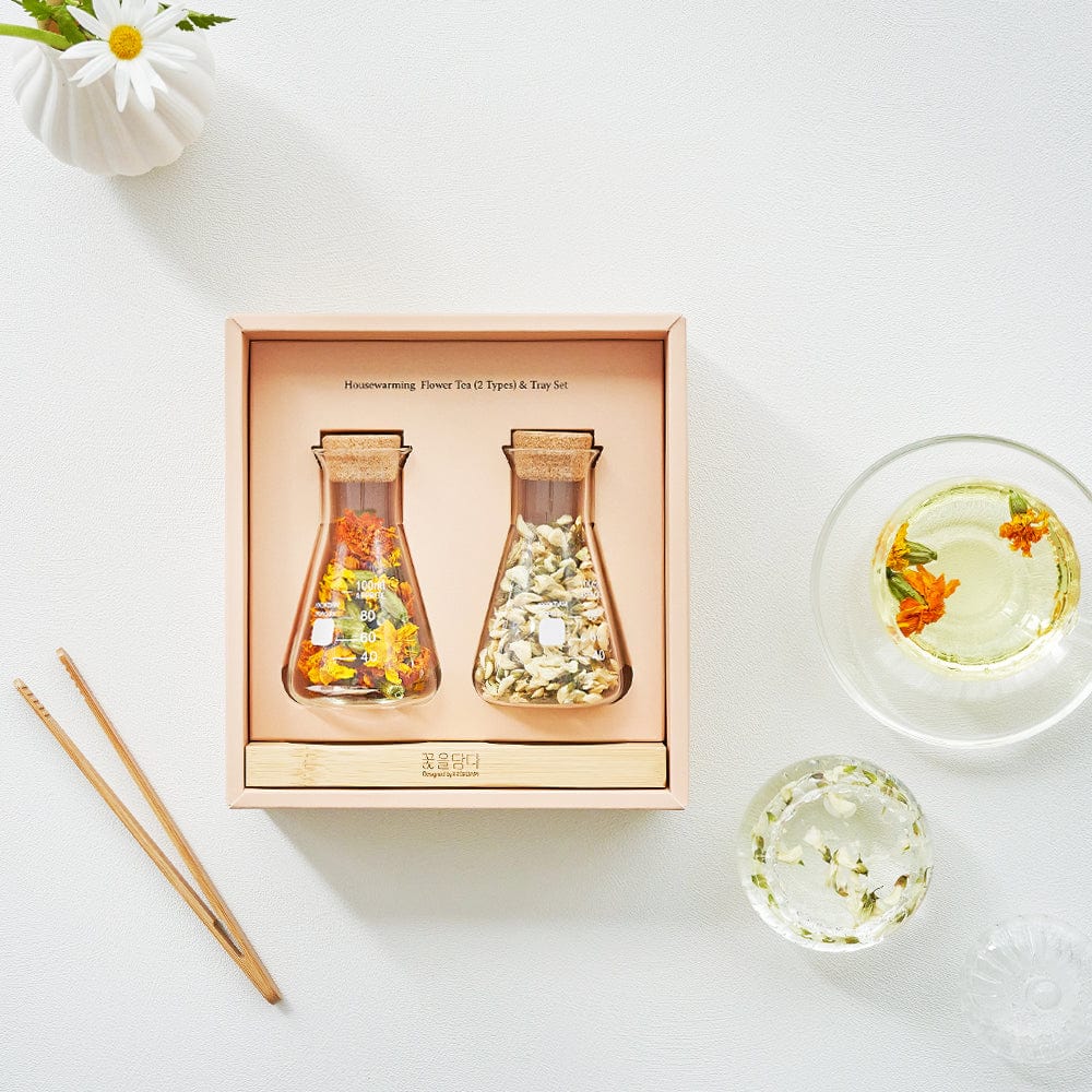 House Warming Flower Tea &amp; Wood Tray Set