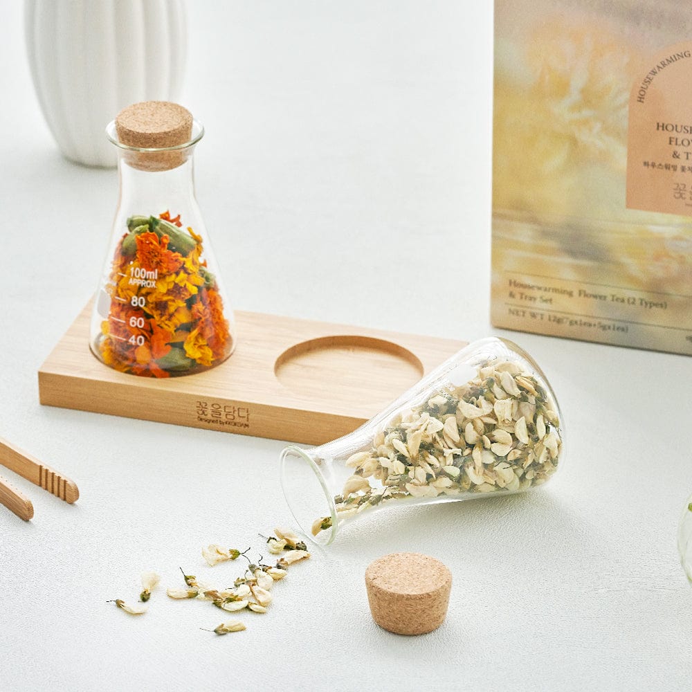House Warming Flower Tea &amp; Wood Tray Set