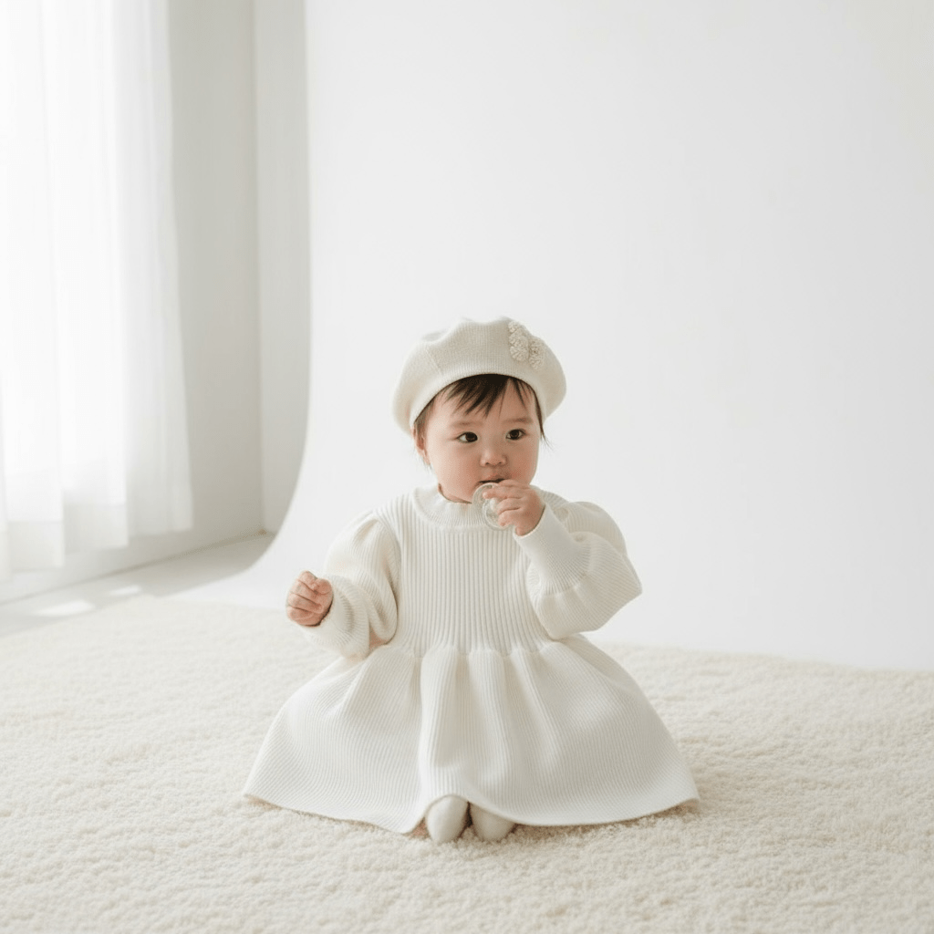 Knitted Lantern Sleeve Dress in White and Beige