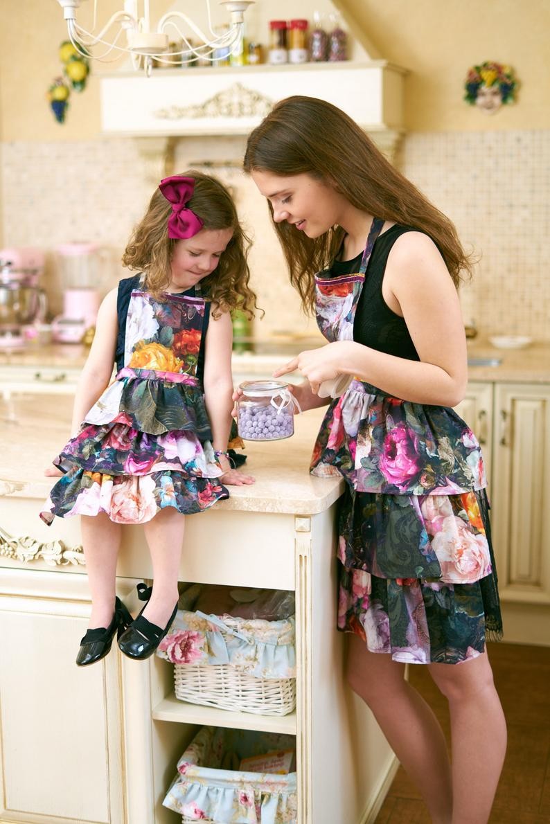 Black Floral Cotton Apron with Ruffles