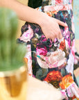 Black Floral Apron with Ruffles for Women