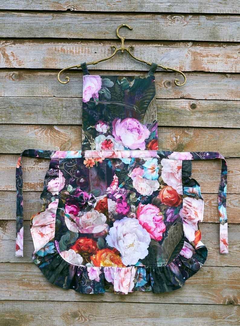 Black Floral Apron with Ruffles for Women