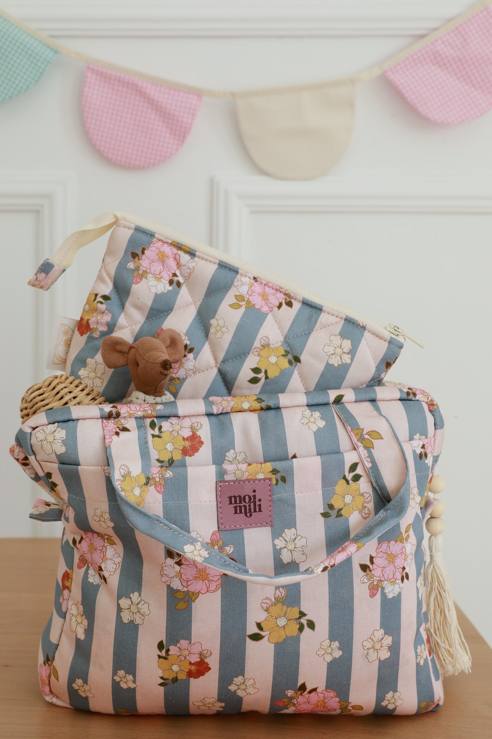 Spacious Blue Striped Makeup Bag