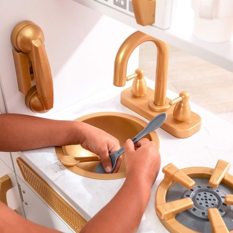 White and Gold Wooden Toy Kitchen for Pretend Play