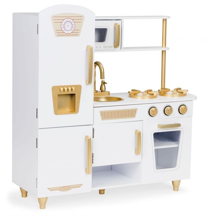White and Gold Wooden Toy Kitchen for Pretend Play