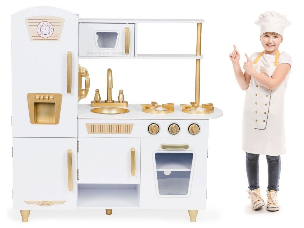 White and Gold Wooden Toy Kitchen for Pretend Play