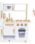 White and Gold Wooden Toy Kitchen for Pretend Play