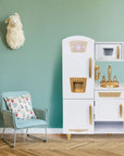 White and Gold Wooden Toy Kitchen for Pretend Play