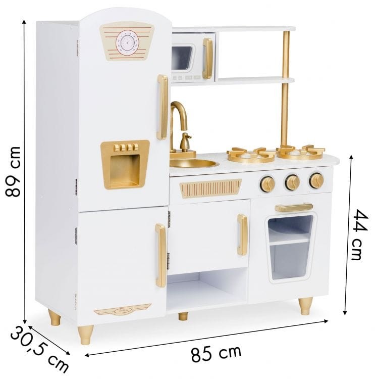White and Gold Wooden Toy Kitchen for Pretend Play