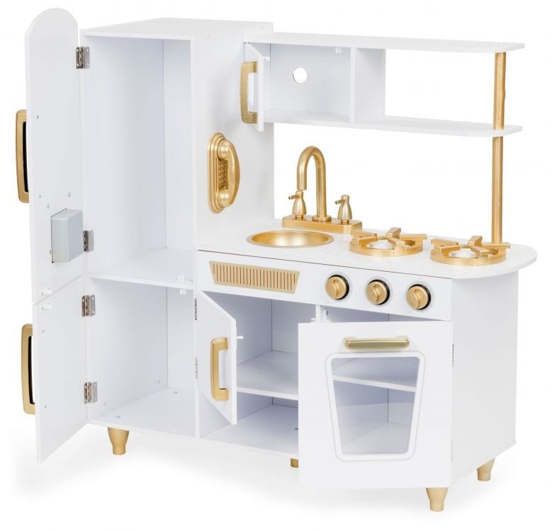 White and Gold Wooden Toy Kitchen for Pretend Play