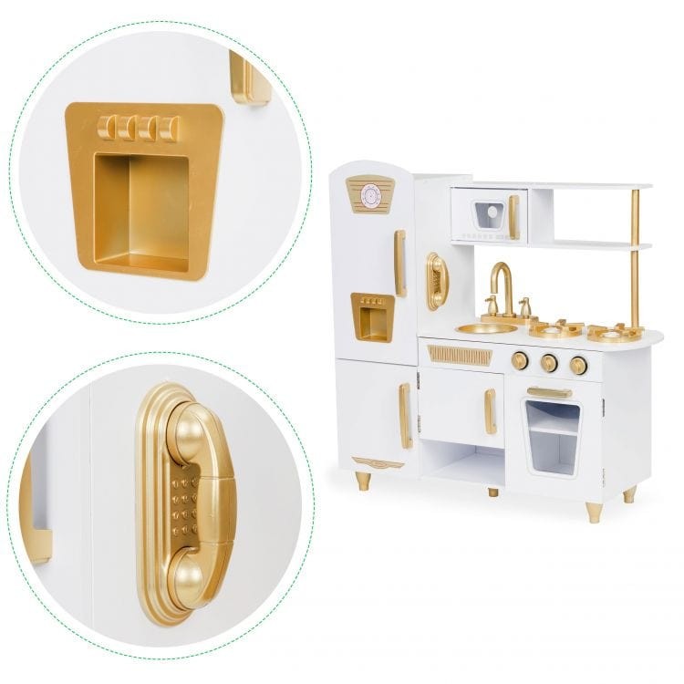 White and Gold Wooden Toy Kitchen for Pretend Play