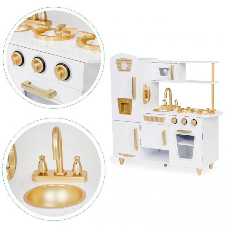 White and Gold Wooden Toy Kitchen for Pretend Play