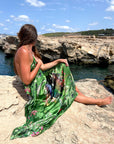 Large green silk scarf with mushroom and crystal, magical ‘Evissa’ print