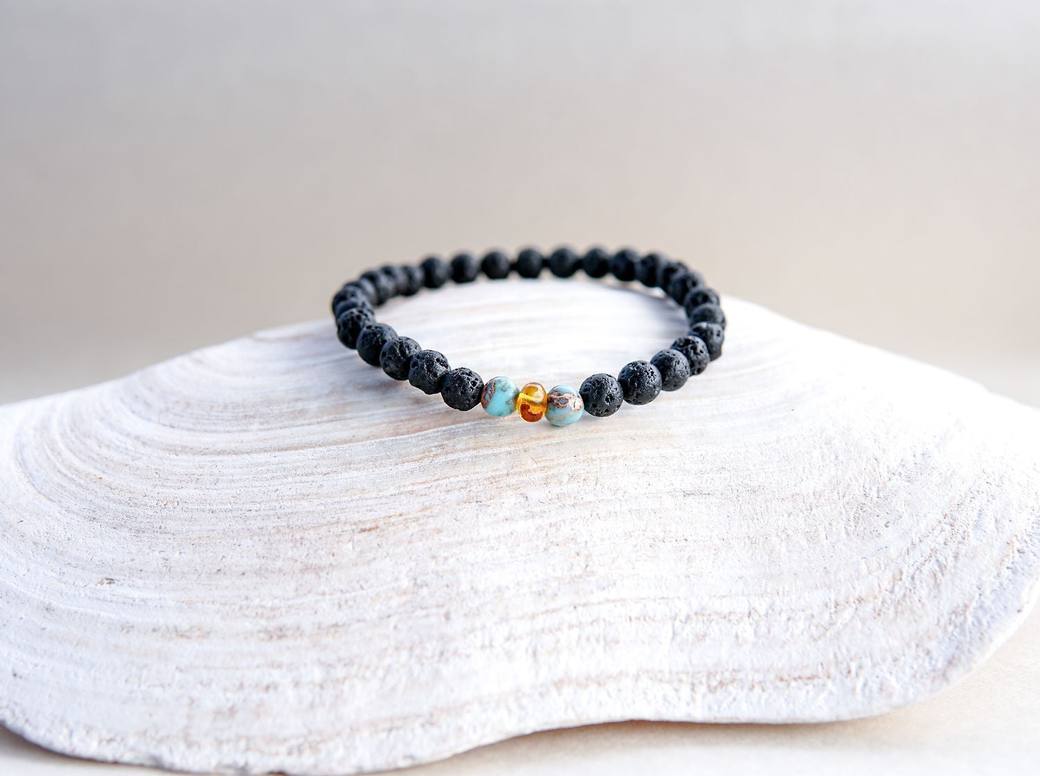 Lava Stone Bracelet with Amber and Turquoise Beads