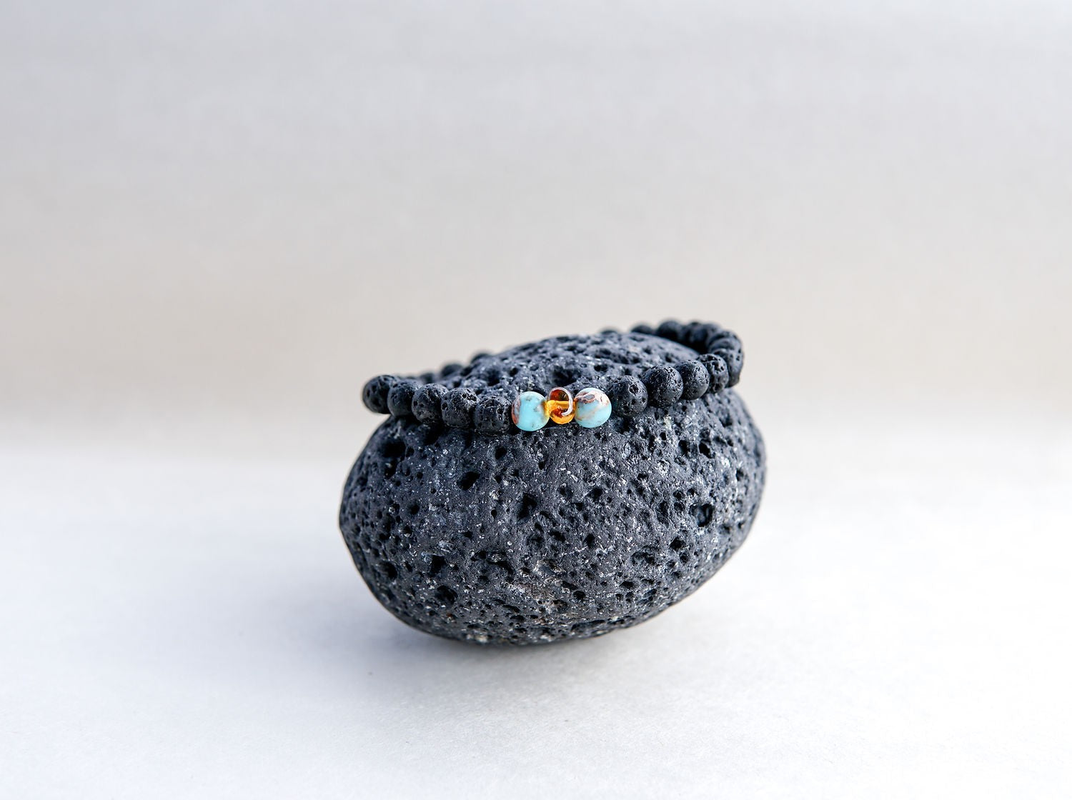 Lava Stone Bracelet with Amber and Turquoise Beads