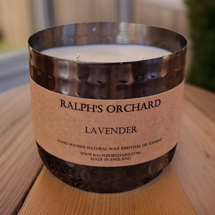 Luxury lavender essential oil candle, pure aromatherapy for calm and relaxation, handcrafted soy wax with cotton wick by Ralph's Orchard at brixbailey.com