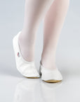 soft white leather gymnastics slipper with a secure rubber ridge and sole for comfort