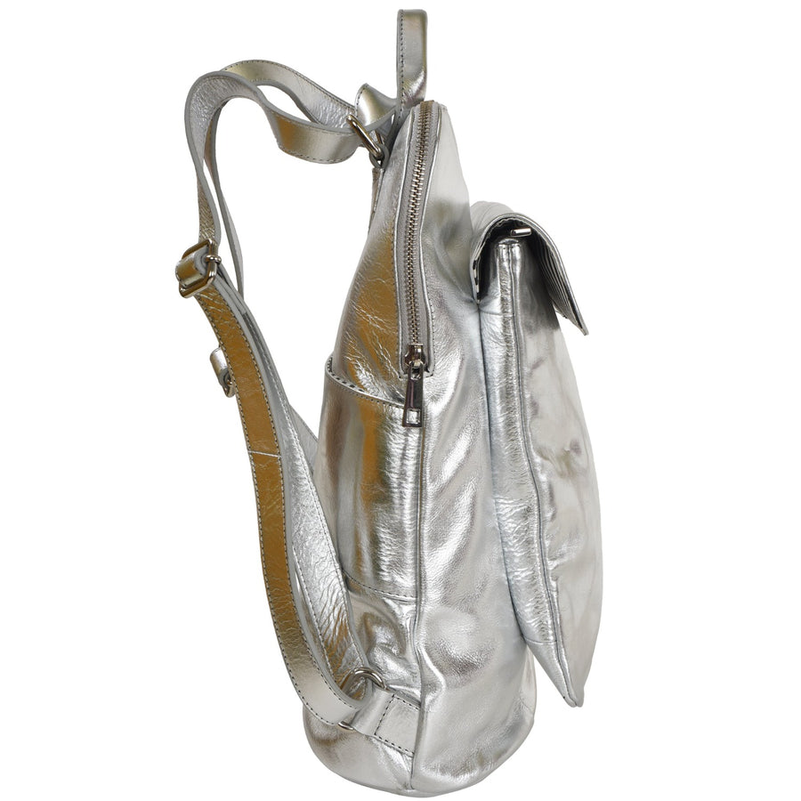 Silver Metallic Leather Flap Pocket Backpack Brix and Bailey Ethical Leather Bag Brand
