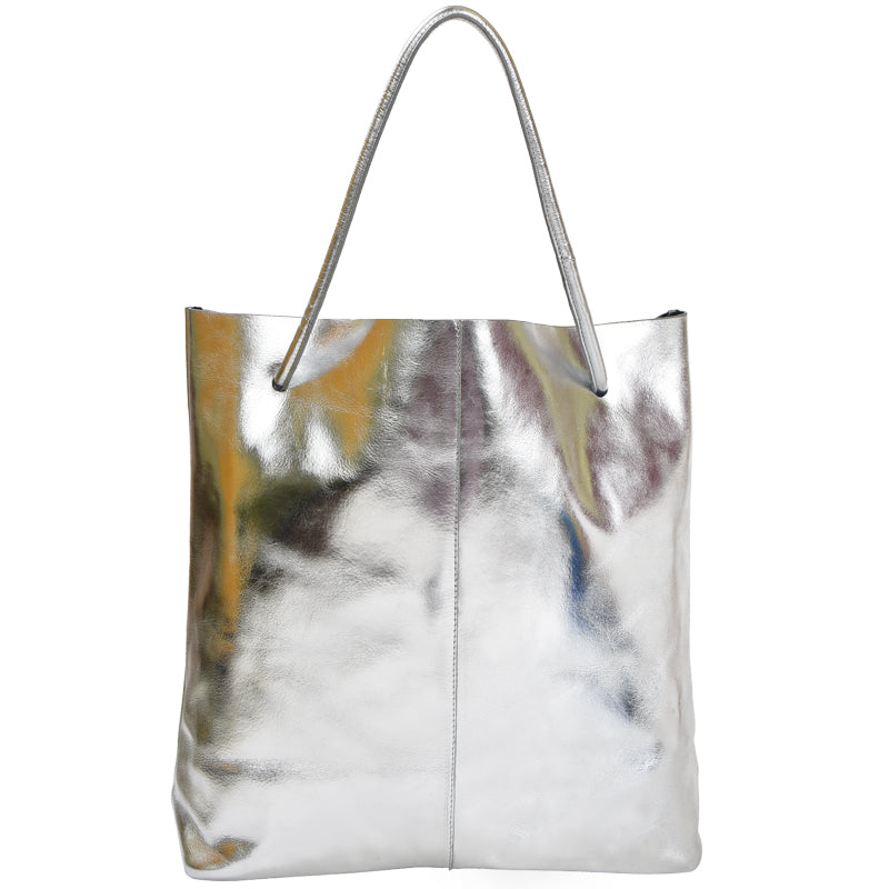 Silver Drawcord Metallic Leather Hobo Shoulder Bag Ethical Sustainable Bag Brix and Bailey