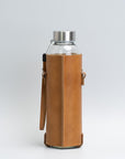 Leather Water Bottle Holder with Glass Bottle and Adjustable Strap