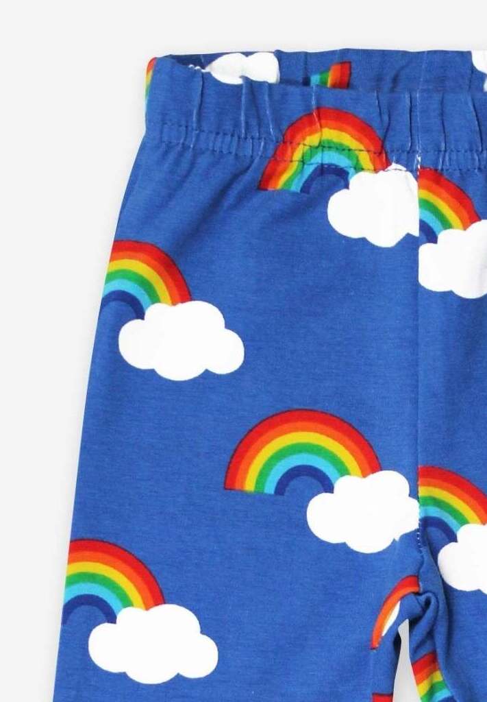 Premium organic cotton rainbow leggings for kids, soft stylish comfortable elastic waistband, cheerful allover rainbow print by Toby Tiger at brixbailey.com
