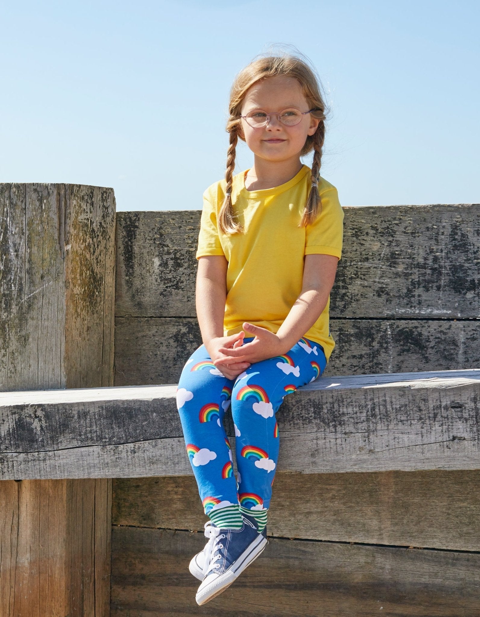 Rainbow print organic cotton leggings for kids, soft, comfortable, stylish, and easy to wear with elastic waistband by Toby Tiger at brixbailey.com