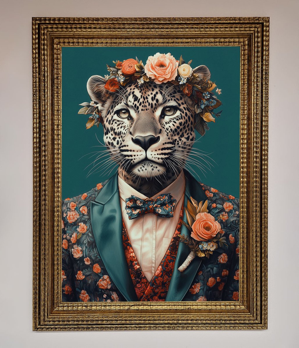 Leopard In a Suit With Flowers Framed Print