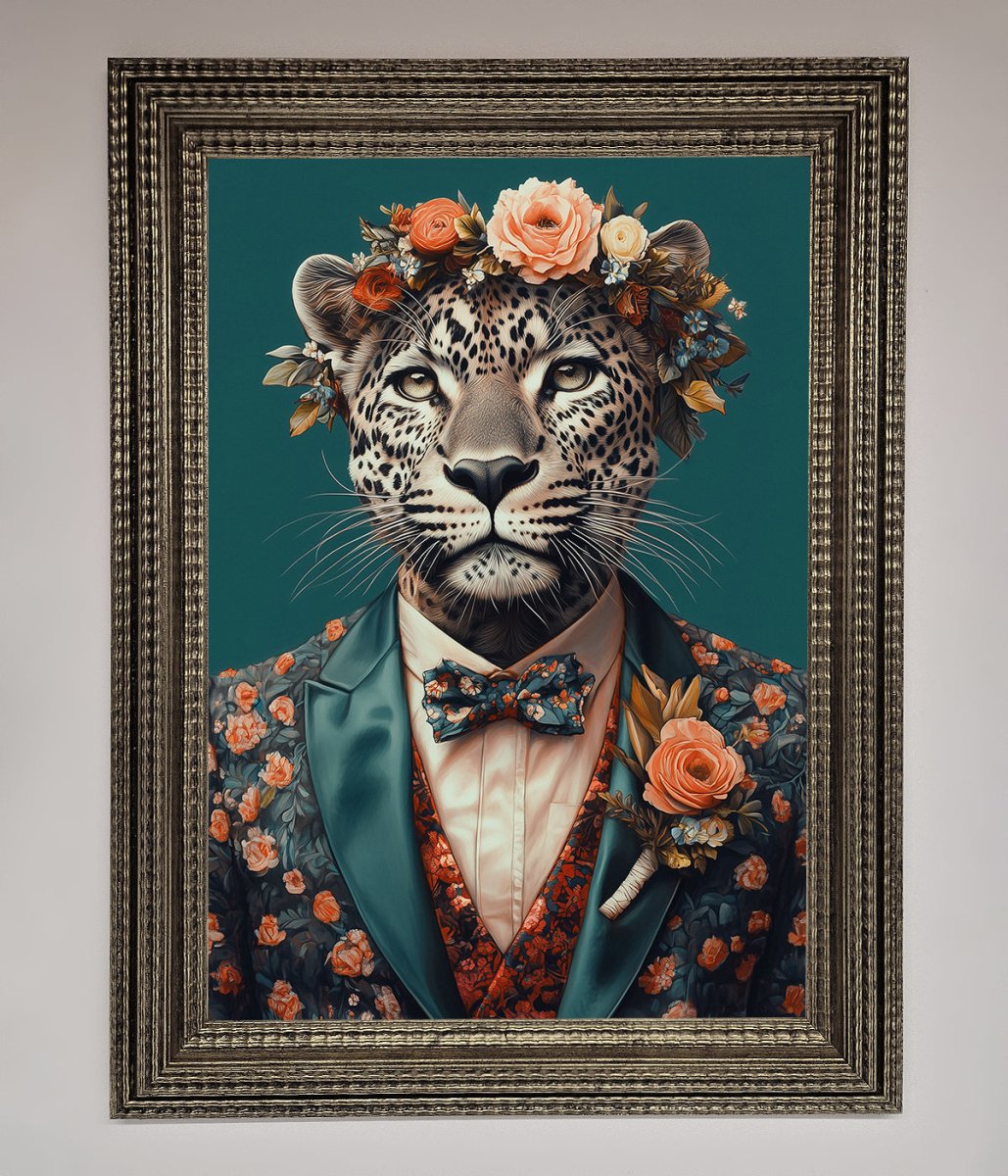 Leopard In a Suit With Flowers Framed Print