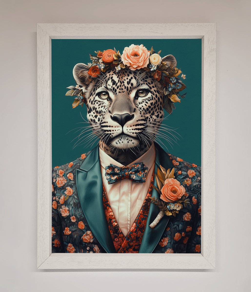 Leopard In a Suit With Flowers Framed Print
