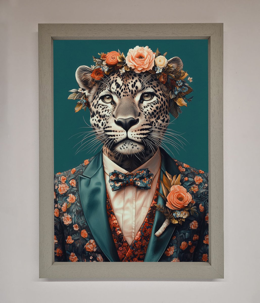 Leopard In a Suit With Flowers Framed Print