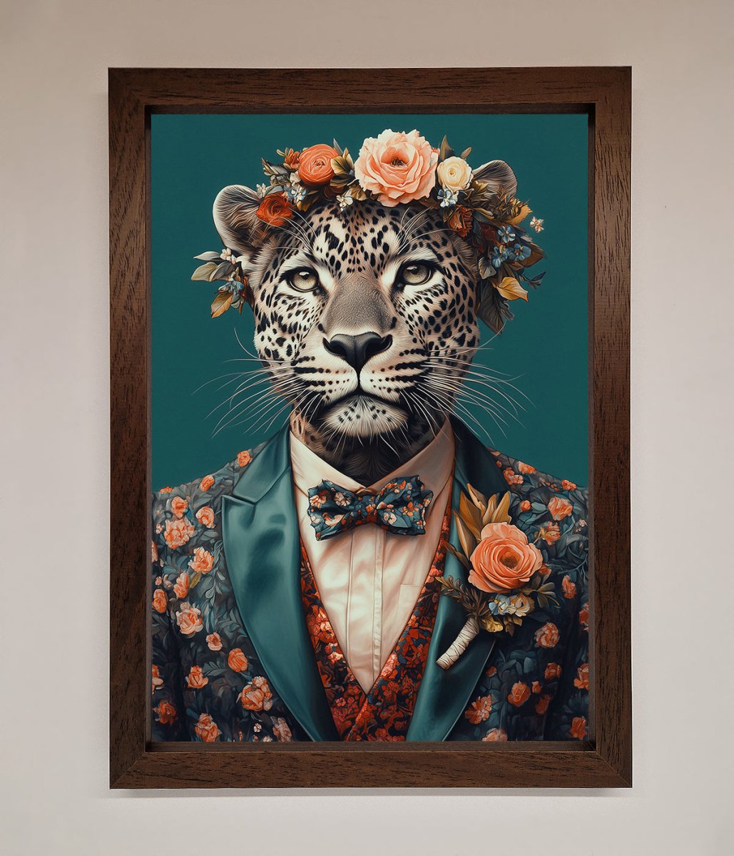 Leopard In a Suit With Flowers Framed Print