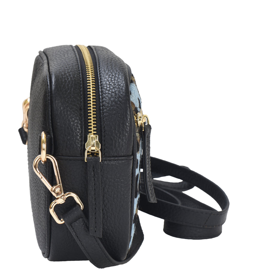 Leather Crossbody Convertible Bag Blue Animal Print