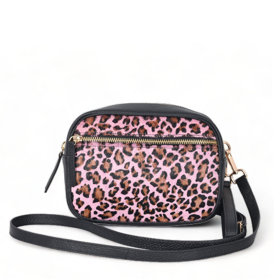 Pink Animal Print Convertible Leather Crossbody Bag