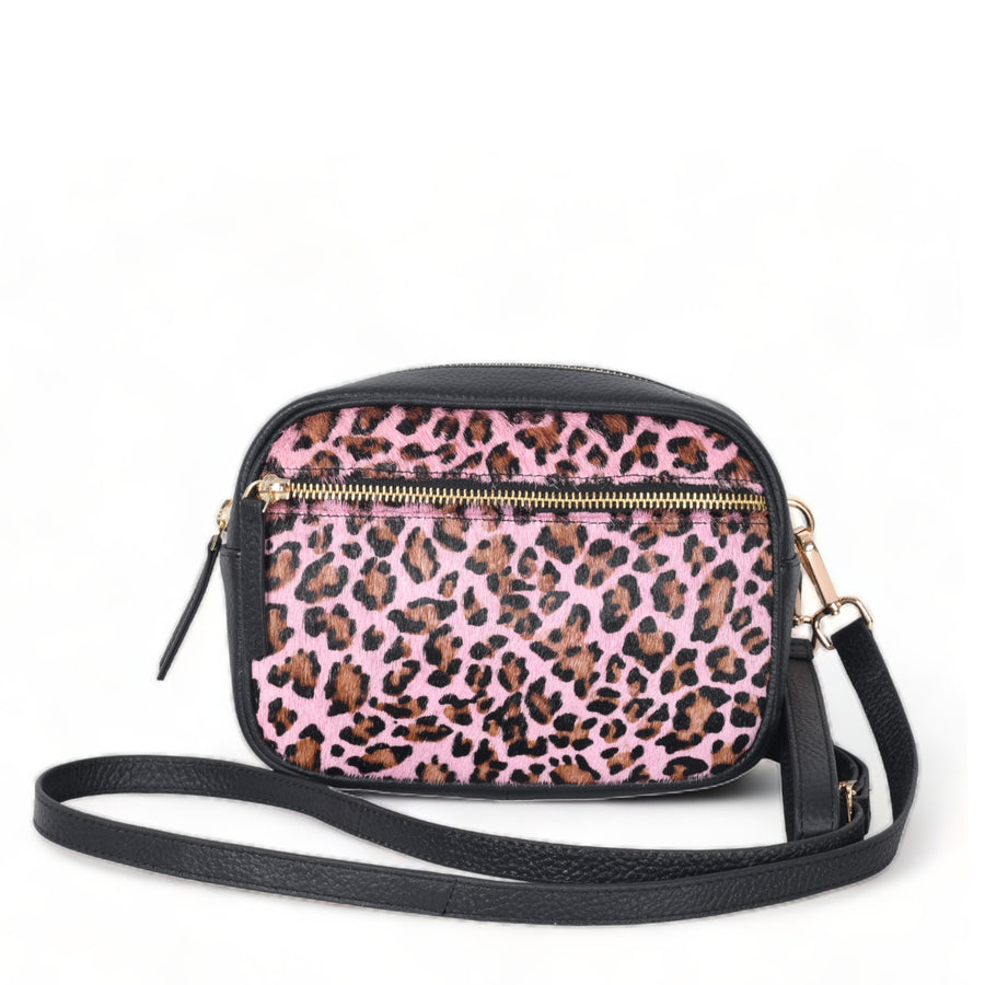 Leather Crossbody Convertible Bag Pink Animal Print