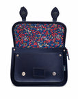 Floral Lined Leather Midi Satchel - Navy